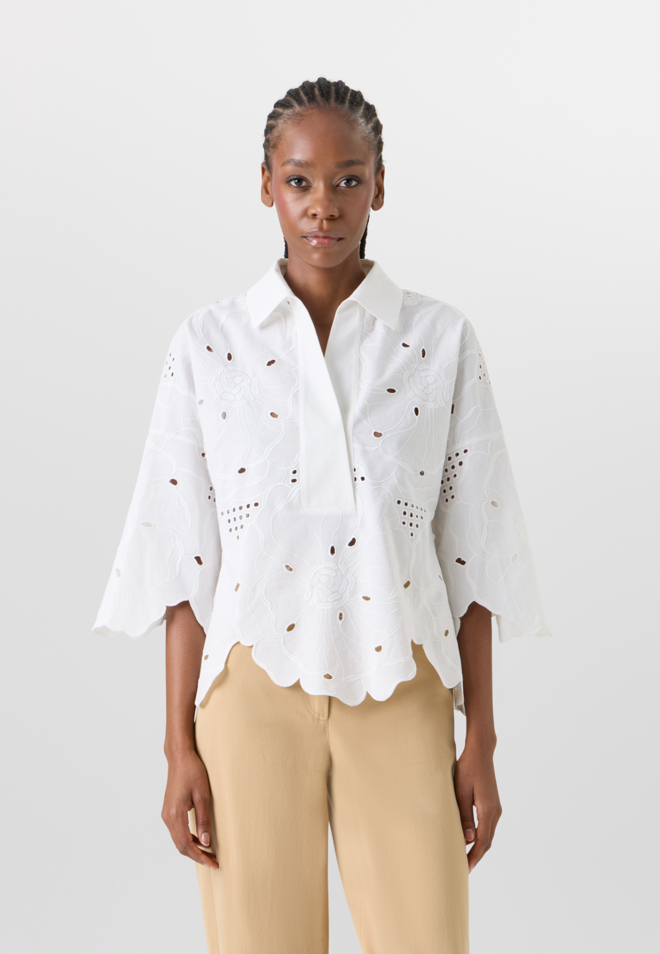 3/4-Sleeve Flower Eyelet Blouse