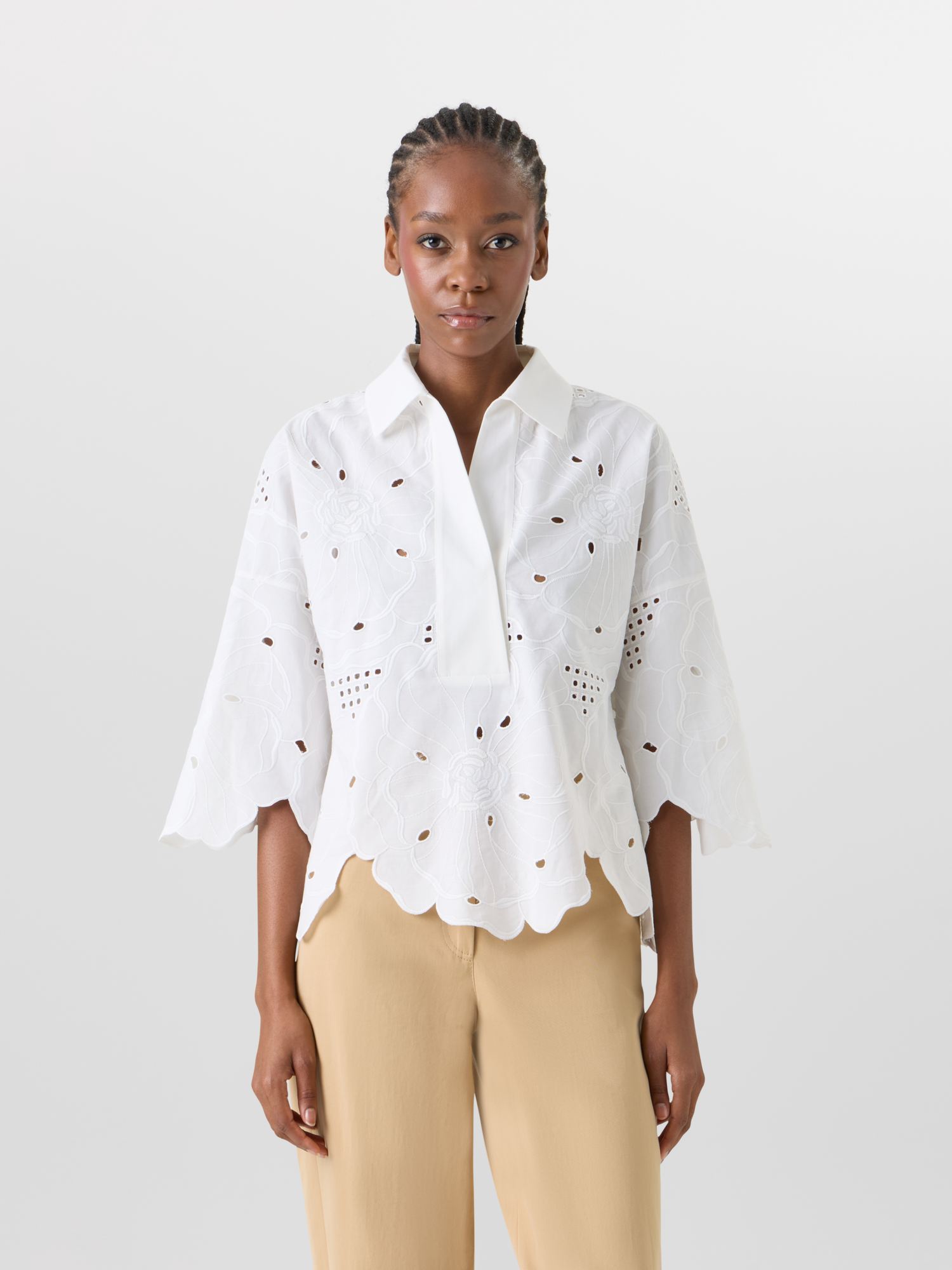 3/4-Sleeve Flower Eyelet Blouse