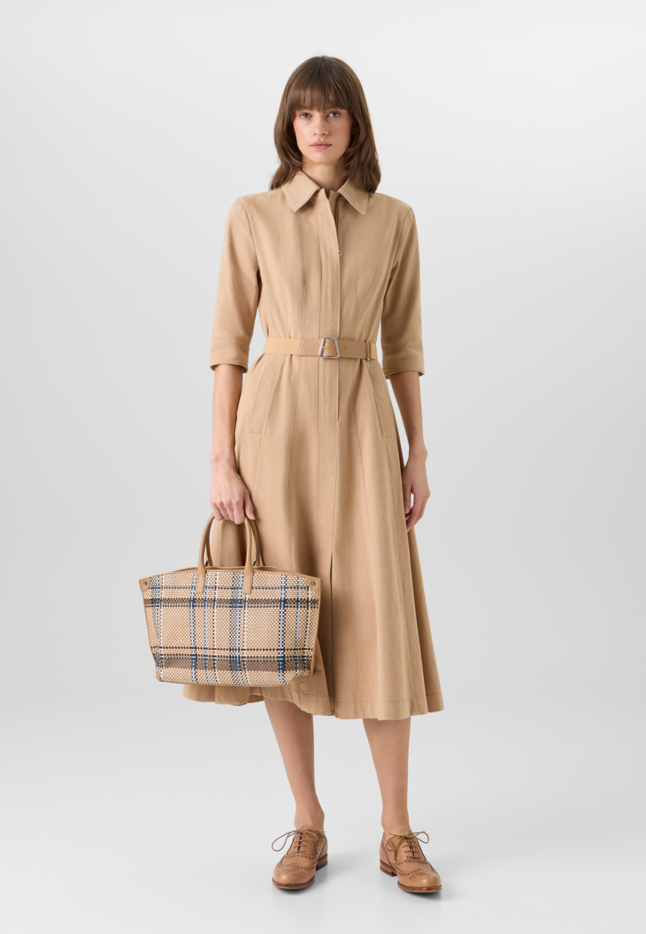 A-Line Cotton-Denim Stretch Midi Dress