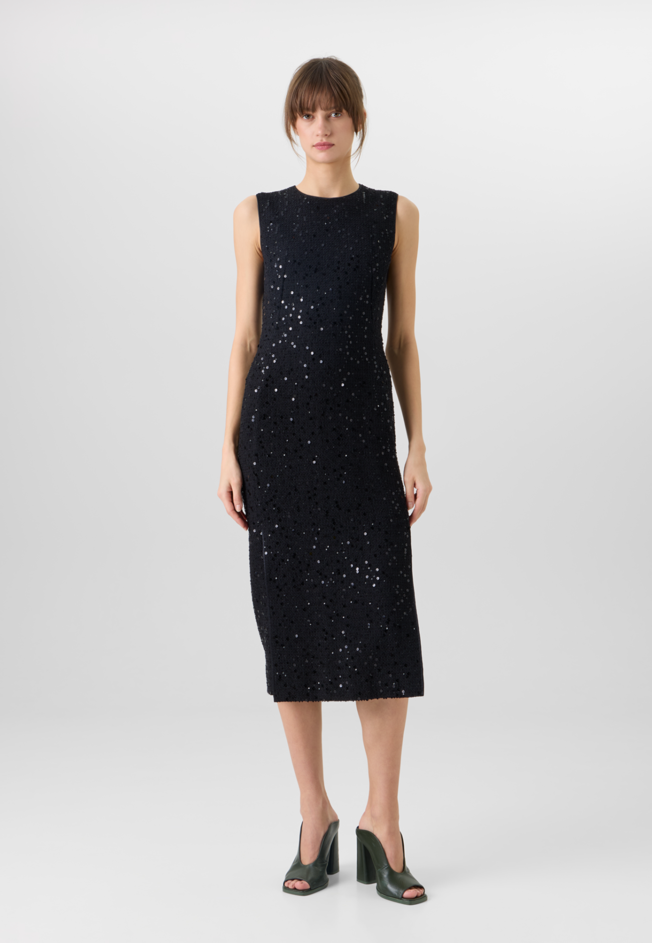 Sleeveless Cotton-Wool Tweed Midi Sheath Dress with Sequins