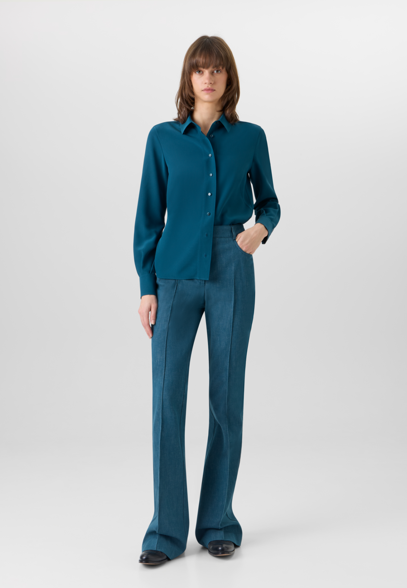 Long-Sleeve Silk Cr??pe Tunic Blouse