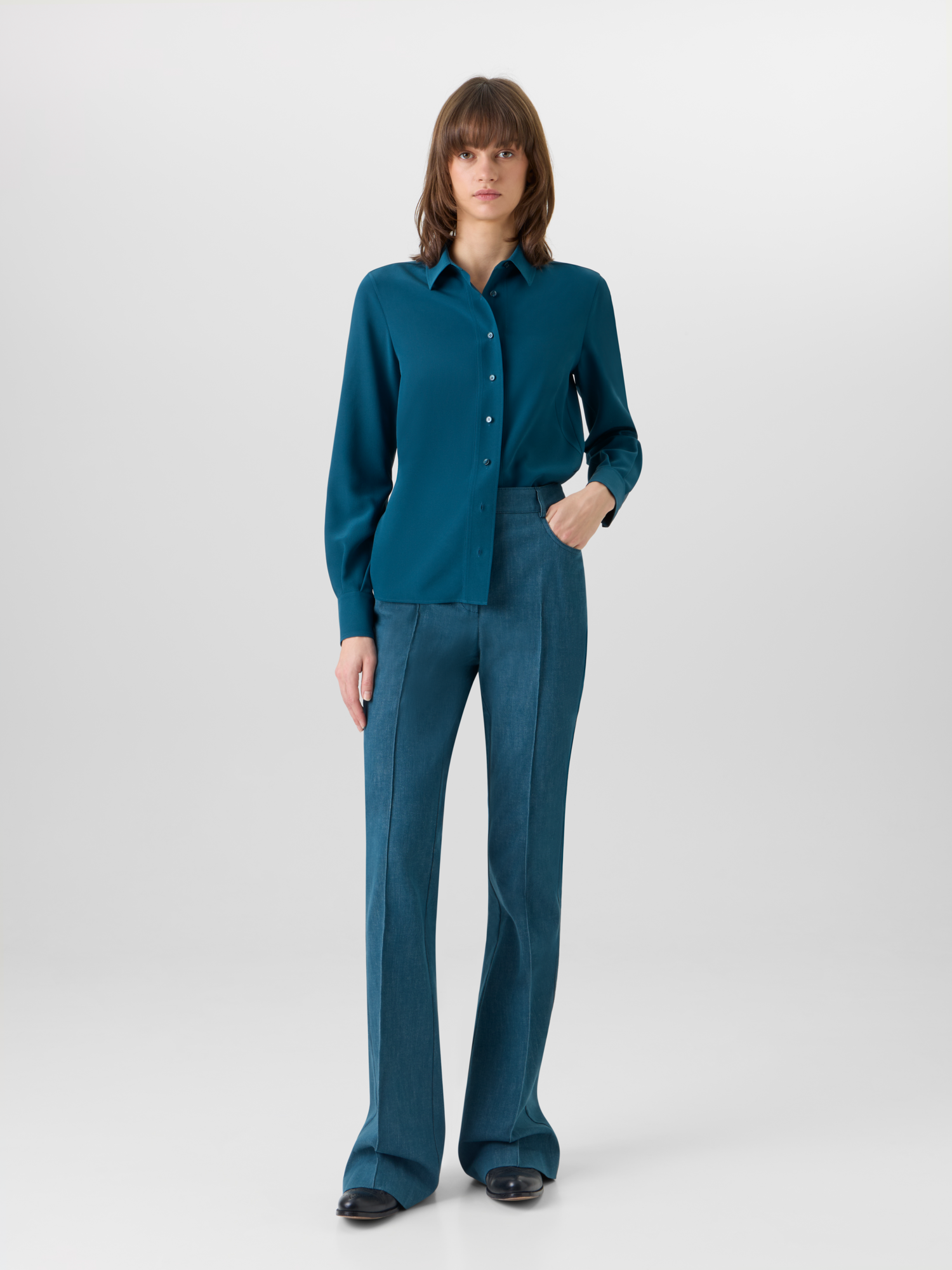 Long-Sleeve Silk Cr??pe Tunic Blouse