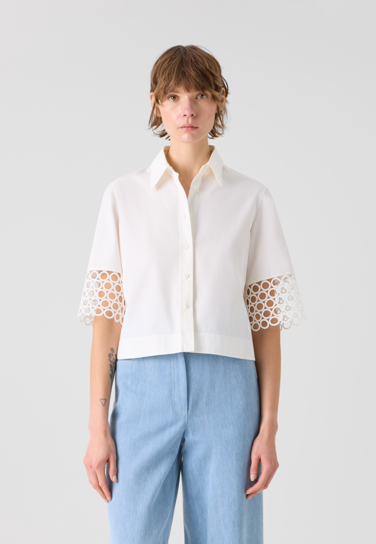 Cotton Boxy Blouse with Eyelet Guipure