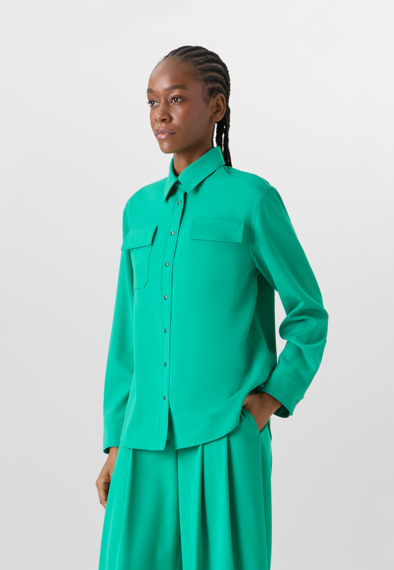 Long-Sleeve Wool Gabardine Blouse