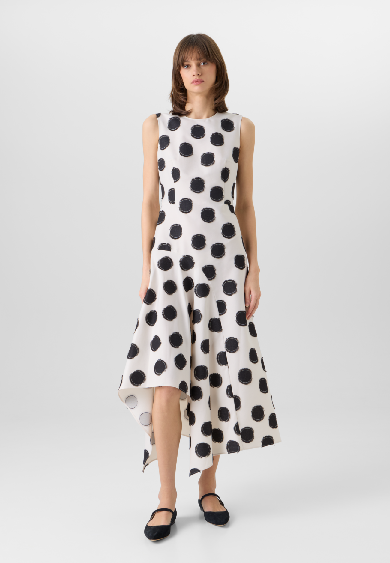 Sleeveless Fringed Polka-Dot Midi Dress